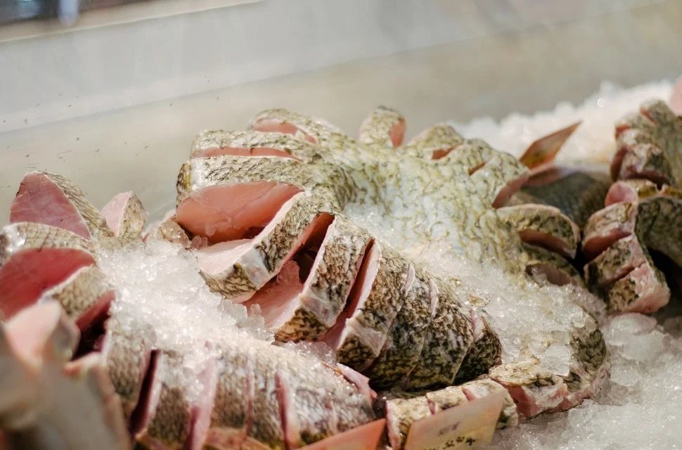 Postas de peixe fresco sobre gelo na A Peixaria do Recanto das Emas